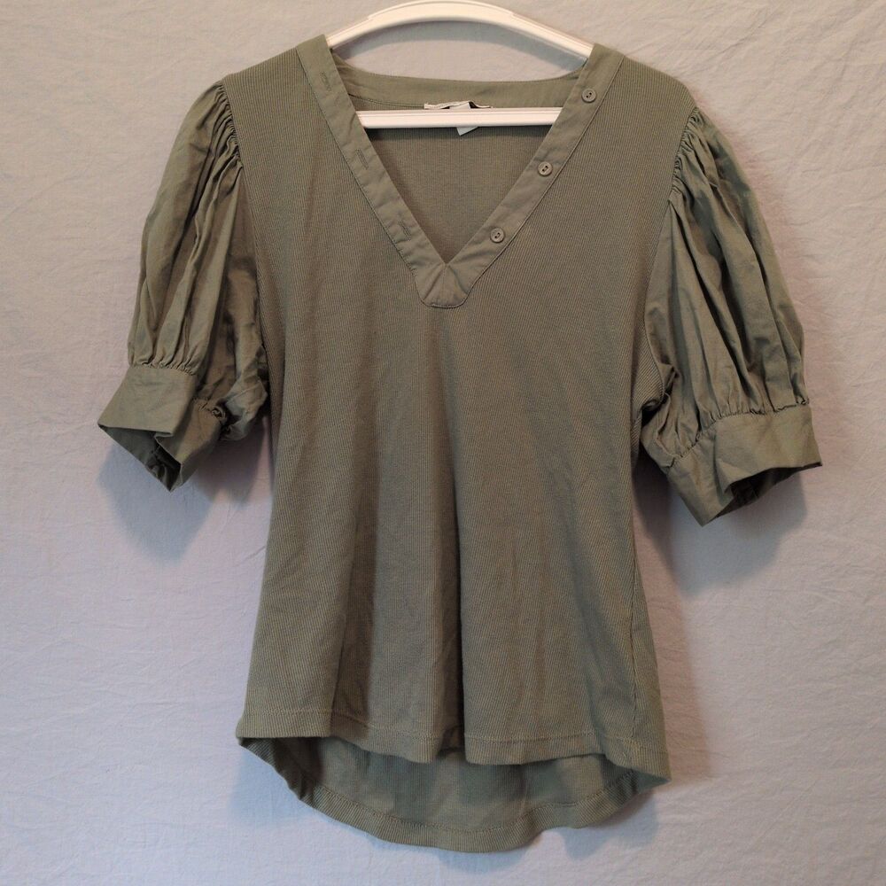 Chelsea Violet Womens Puff Sleeve V-Neck Soft Stretch Top Shirt Dark Olive Xl
